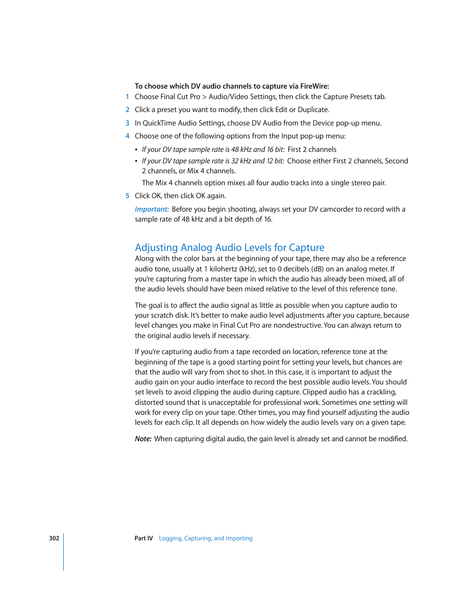 Adjusting analog audio levels for capture, Adjusting analog audio levels, For capture | P. 302) | Apple Final Cut Pro 6 User Manual | Page 303 / 2033