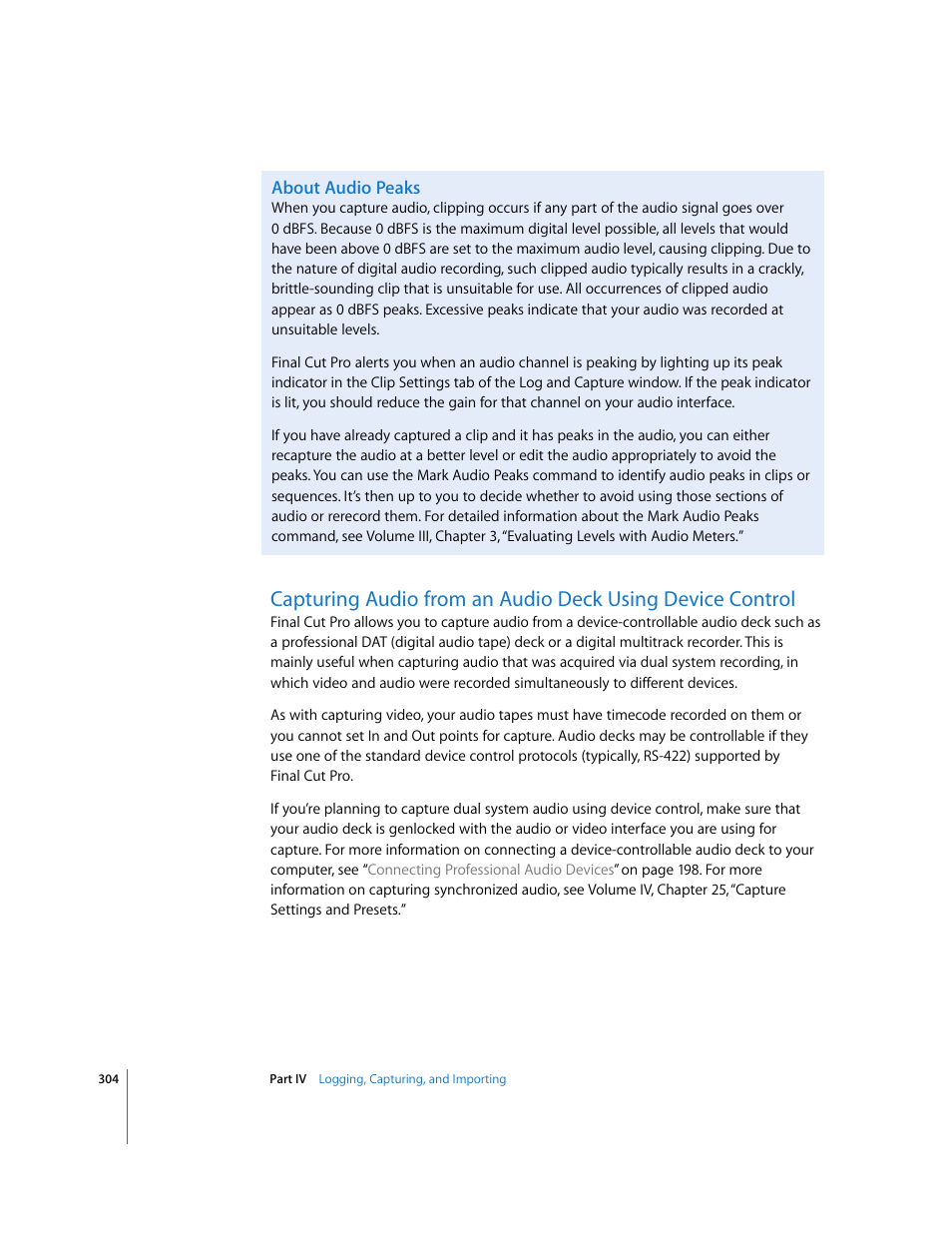 About audio peaks, P. 304), Capturing audio from an | Audio deck using device control | Apple Final Cut Pro 6 User Manual | Page 305 / 2033