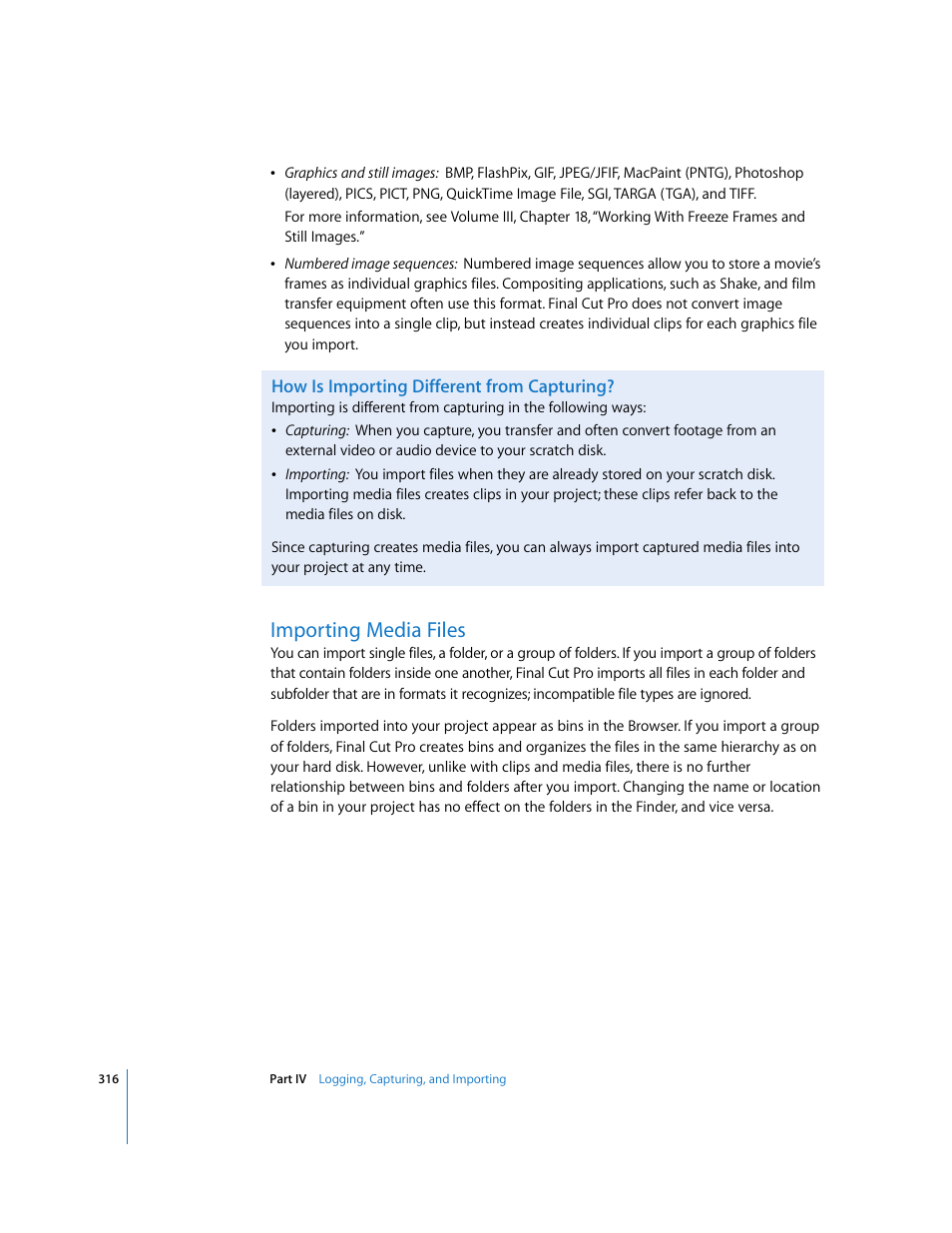 How is importing different from capturing, Importing media files, P. 316) | Apple Final Cut Pro 6 User Manual | Page 317 / 2033