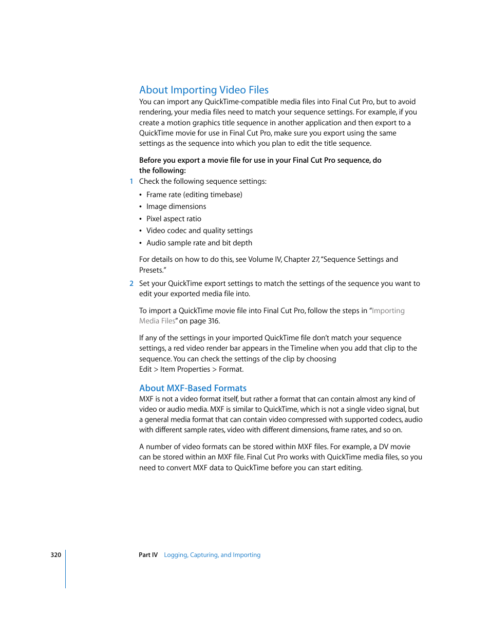 About importing video files, About mxf-based formats, P. 320) | Apple Final Cut Pro 6 User Manual | Page 321 / 2033