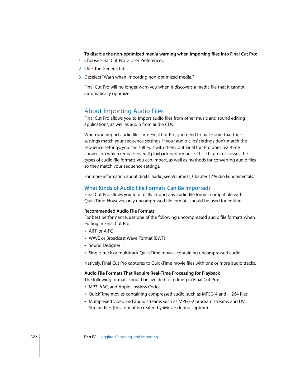 About importing audio files, What kinds of audio file formats can be imported, About importing | Audio files, P. 322) | Apple Final Cut Pro 6 User Manual | Page 323 / 2033