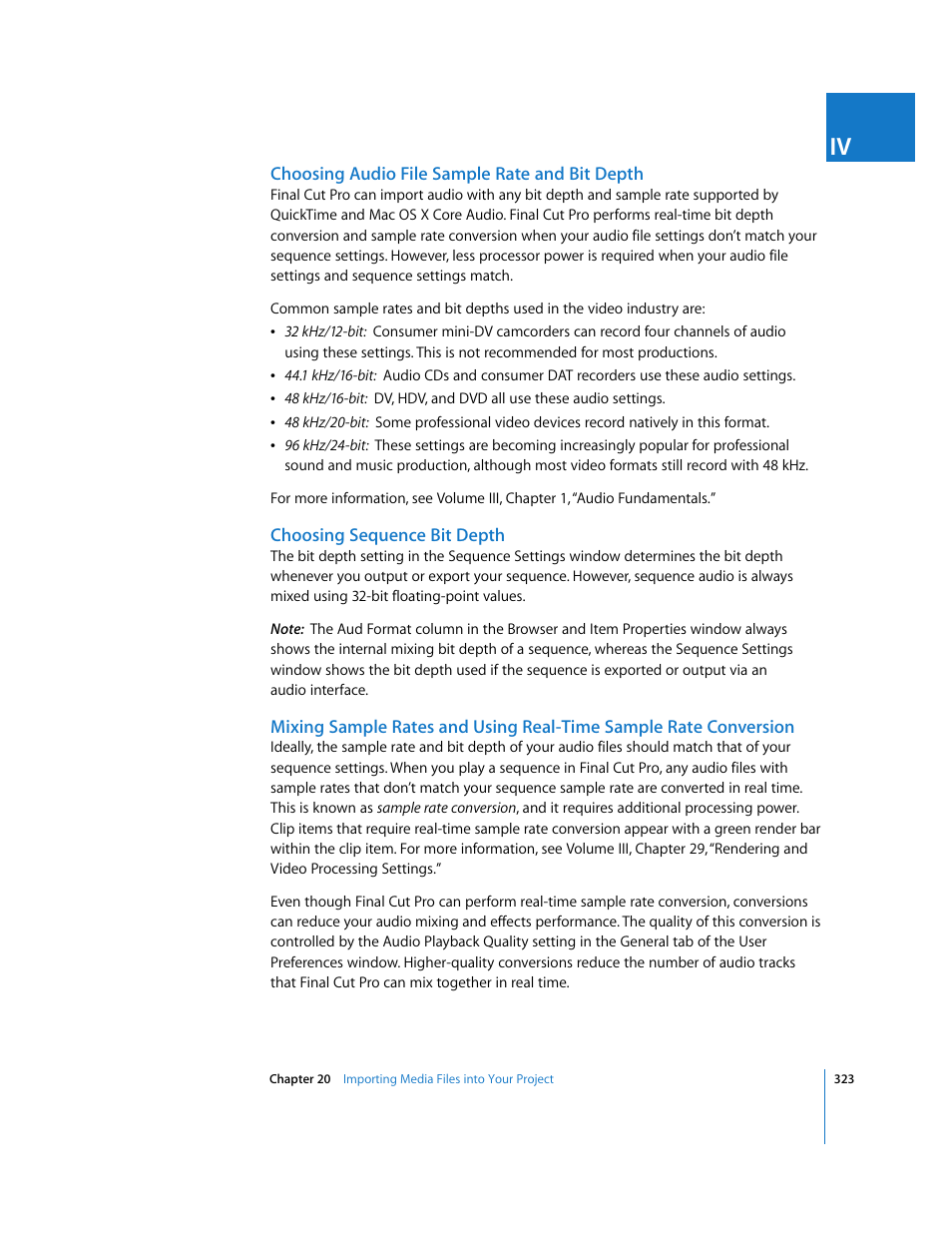 Choosing audio file sample rate and bit depth, Choosing sequence bit depth | Apple Final Cut Pro 6 User Manual | Page 324 / 2033