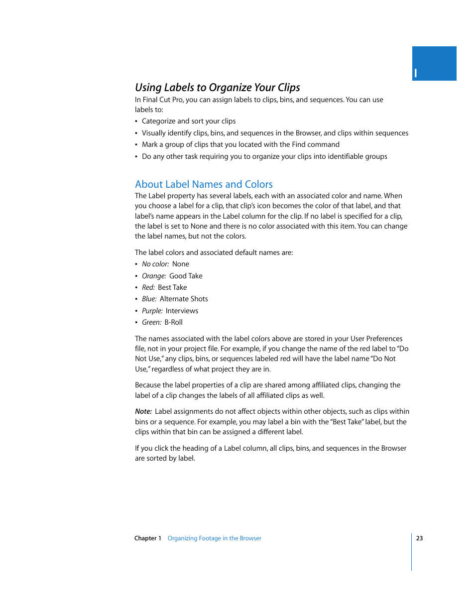 Using labels to organize your clips, About label names and colors, P. 23) | Apple Final Cut Pro 6 User Manual | Page 356 / 2033
