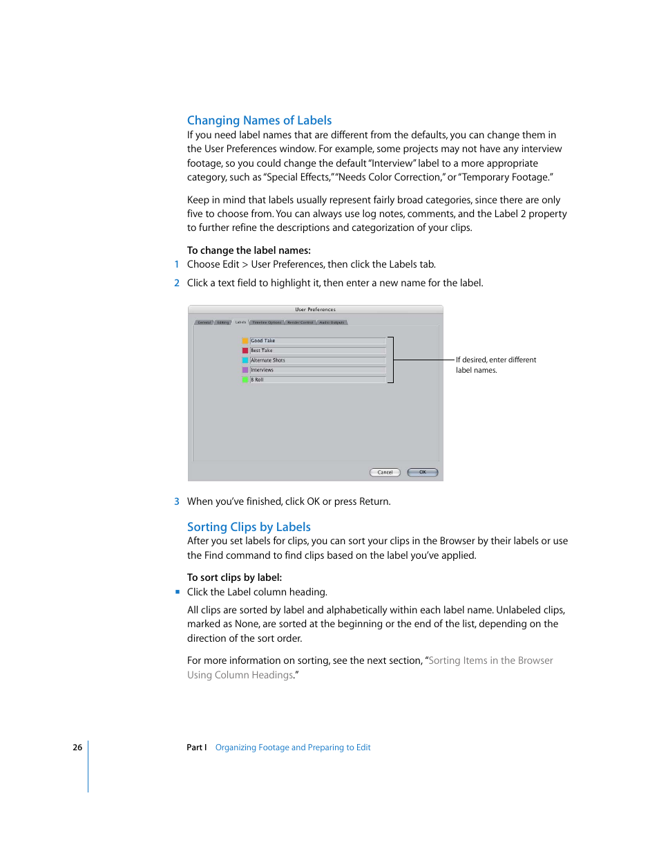 Changing names of labels, Sorting clips by labels | Apple Final Cut Pro 6 User Manual | Page 359 / 2033
