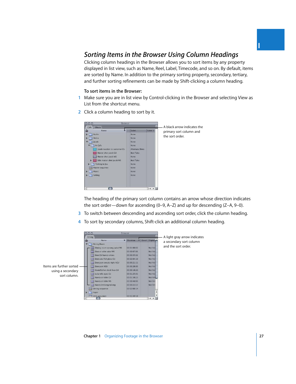 Sorting items in the browser using column headings, P. 27), Sorting items in the browser | Using column headings | Apple Final Cut Pro 6 User Manual | Page 360 / 2033