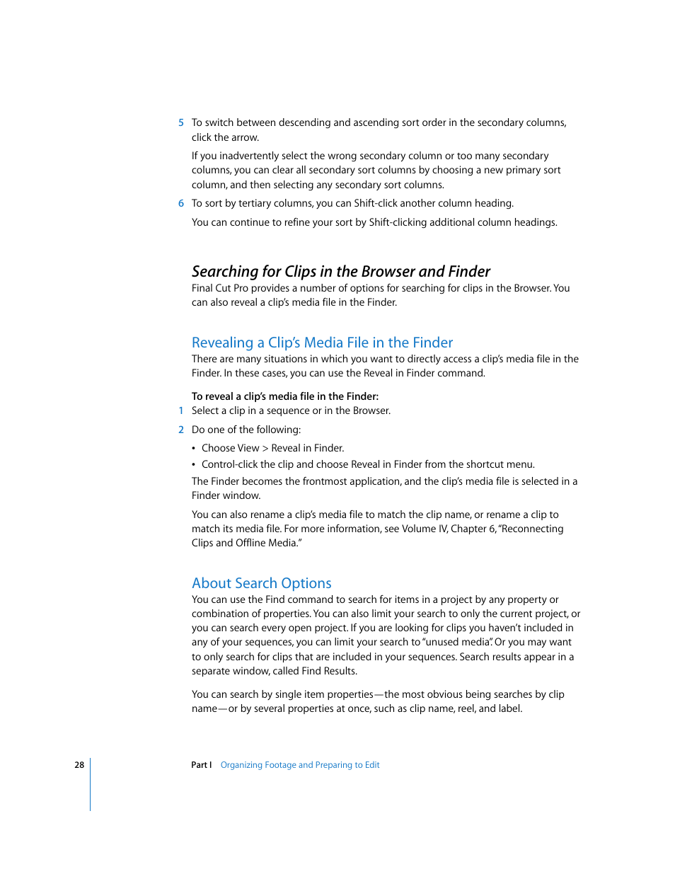 Searching for clips in the browser and finder, Revealing a clip’s media file in the finder, About search options | P. 28) | Apple Final Cut Pro 6 User Manual | Page 361 / 2033
