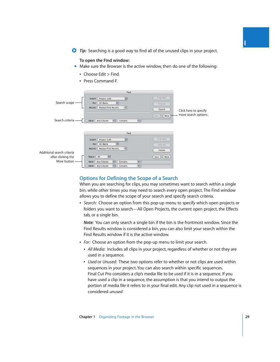Options for defining the scope of a search | Apple Final Cut Pro 6 User Manual | Page 362 / 2033