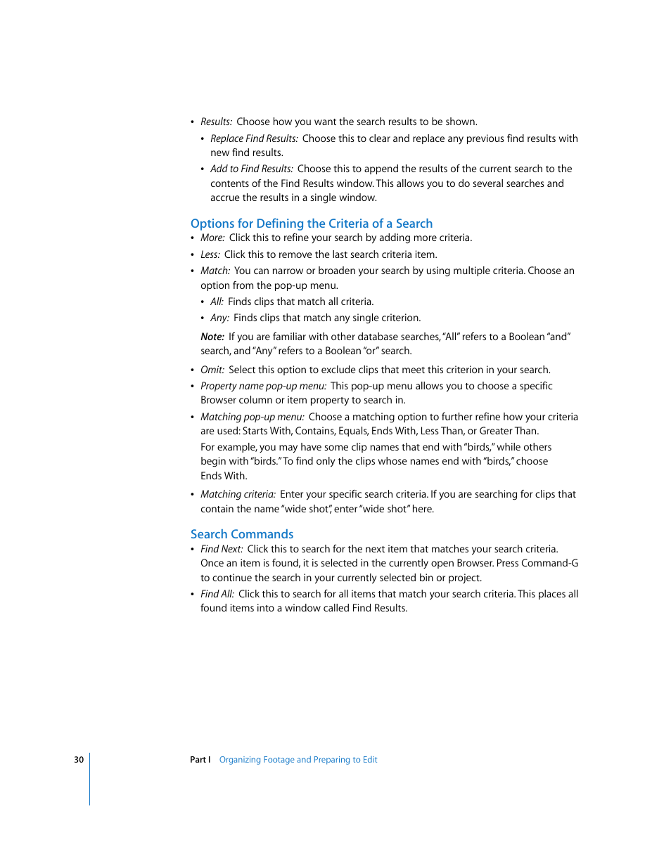 Options for defining the criteria of a search, Search commands | Apple Final Cut Pro 6 User Manual | Page 363 / 2033