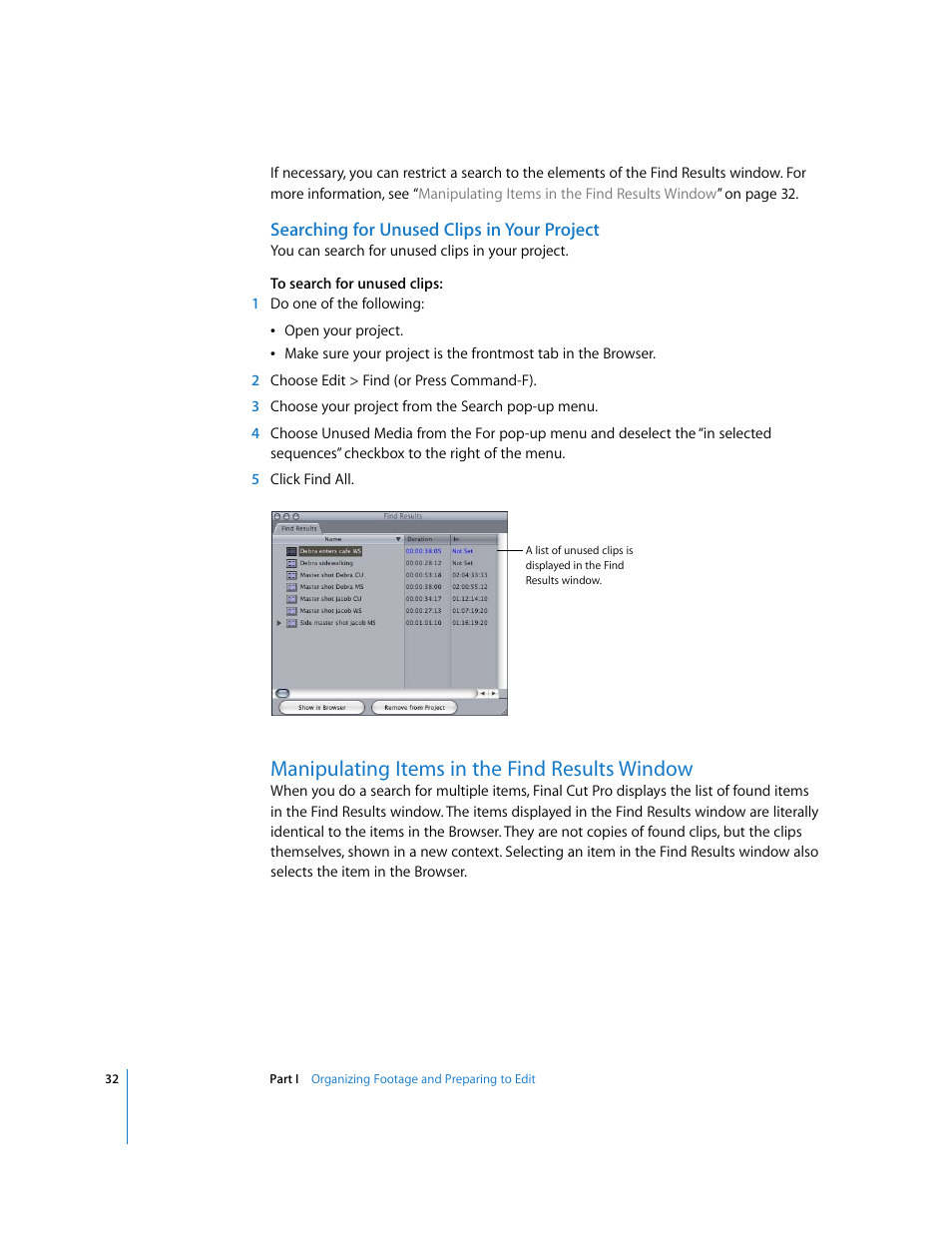 Searching for unused clips in your project, Manipulating items in the find results window | Apple Final Cut Pro 6 User Manual | Page 365 / 2033