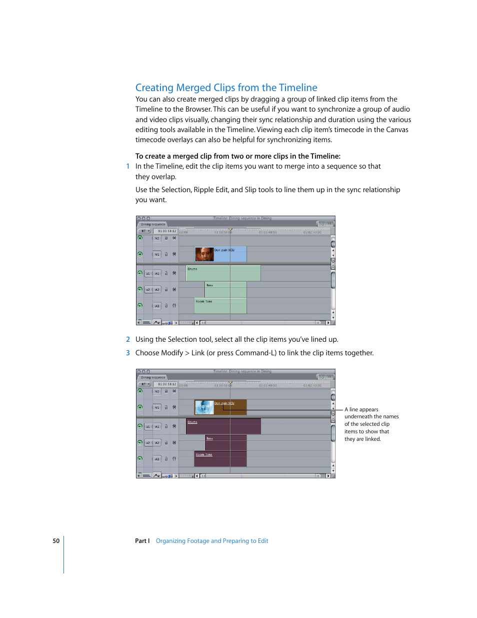 Creating merged clips from the timeline, P. 50) | Apple Final Cut Pro 6 User Manual | Page 383 / 2033
