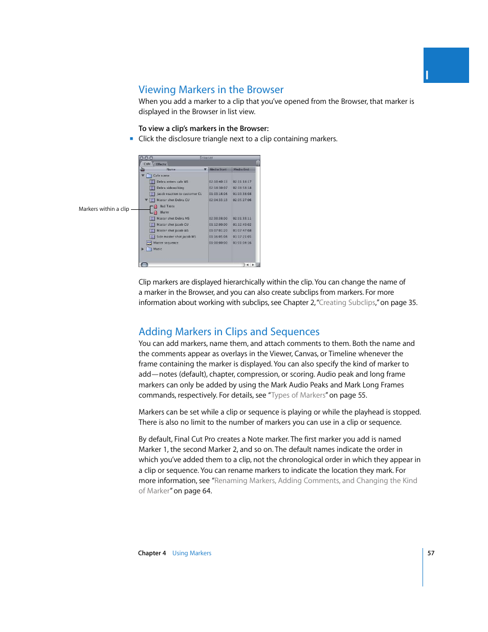 Viewing markers in the browser, Adding markers in clips and sequences | Apple Final Cut Pro 6 User Manual | Page 390 / 2033