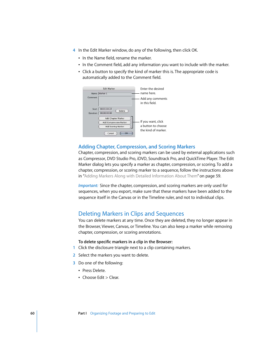 Adding chapter, compression, and scoring markers, Deleting markers in clips and sequences | Apple Final Cut Pro 6 User Manual | Page 393 / 2033