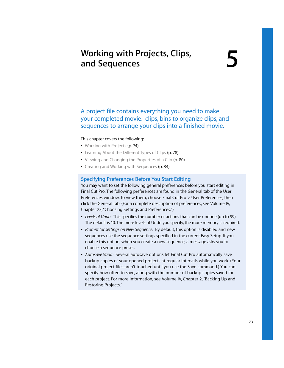 Working with projects, clips, andsequences, Specifying preferences before you start editing, Chapter 5 | Working with projects, clips, and sequences | Apple Final Cut Pro 6 User Manual | Page 406 / 2033