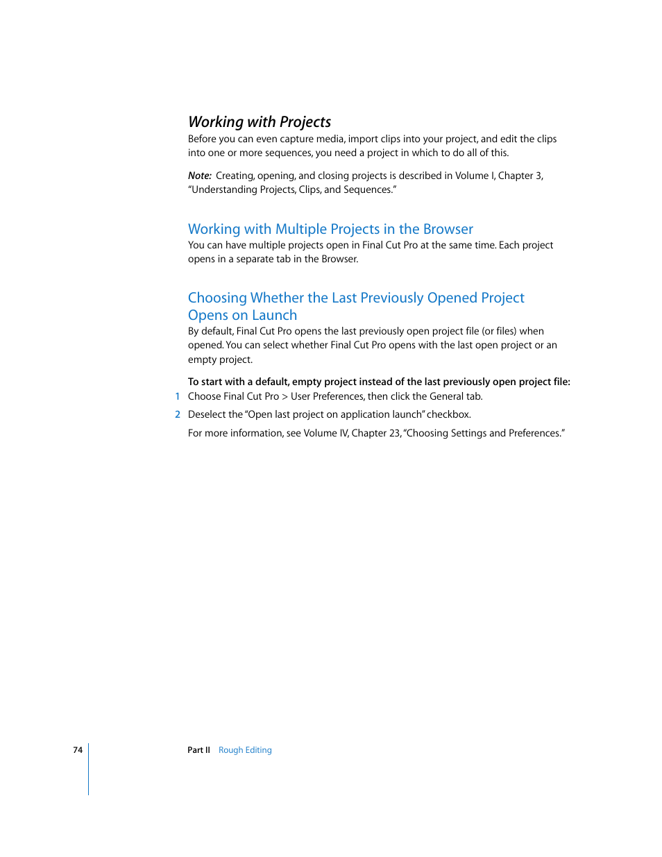 Working with projects, Working with multiple projects in the browser, P. 74) | Apple Final Cut Pro 6 User Manual | Page 407 / 2033