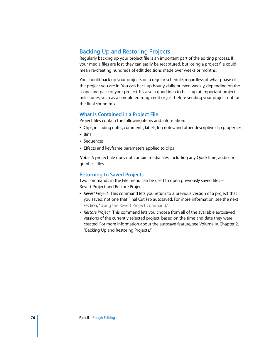 Backing up and restoring projects, What is contained in a project file, Returning to saved projects | Apple Final Cut Pro 6 User Manual | Page 409 / 2033