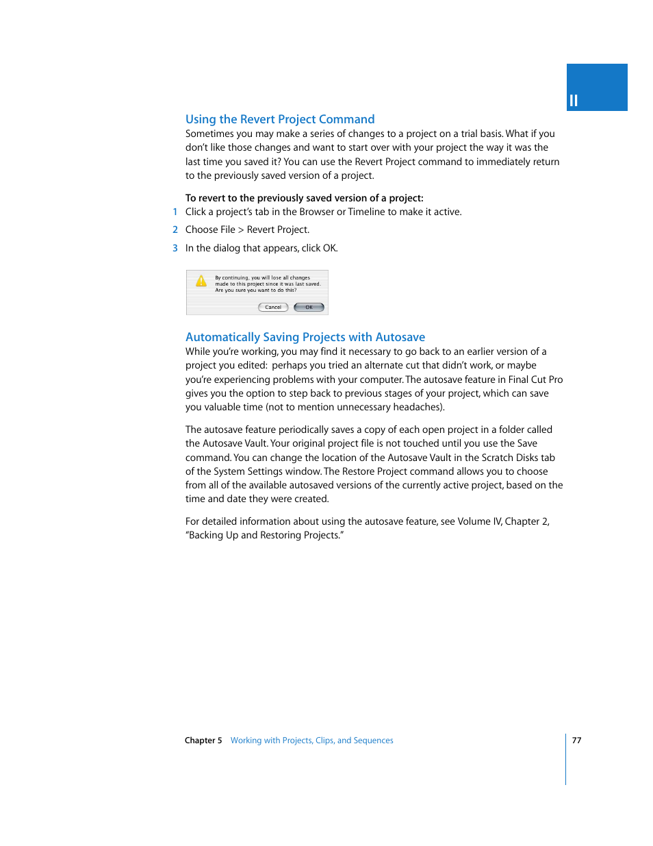 Using the revert project command, Automatically saving projects with autosave | Apple Final Cut Pro 6 User Manual | Page 410 / 2033