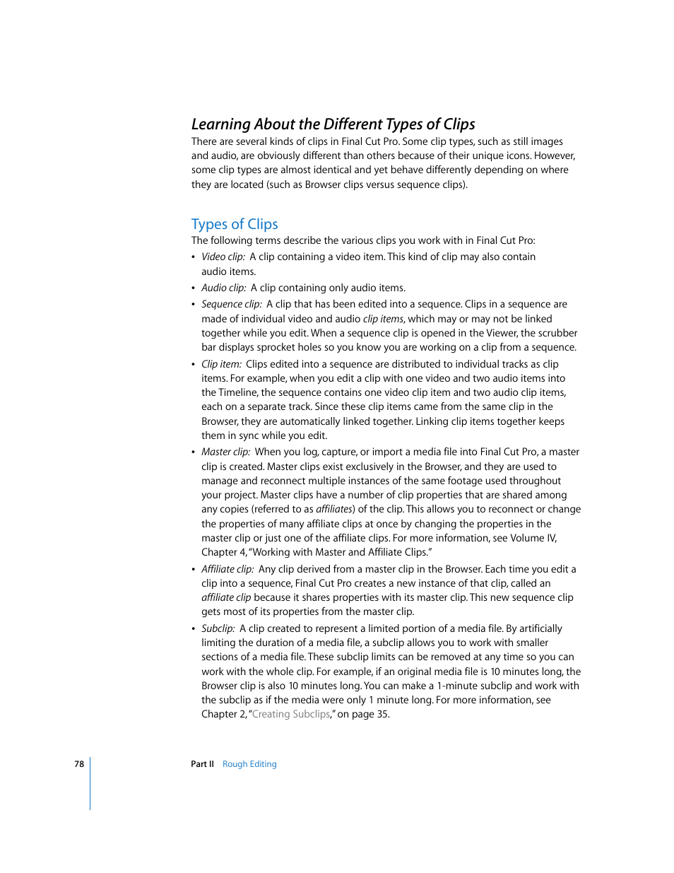 Learning about the different types of clips, Types of clips, P. 78) | Apple Final Cut Pro 6 User Manual | Page 411 / 2033