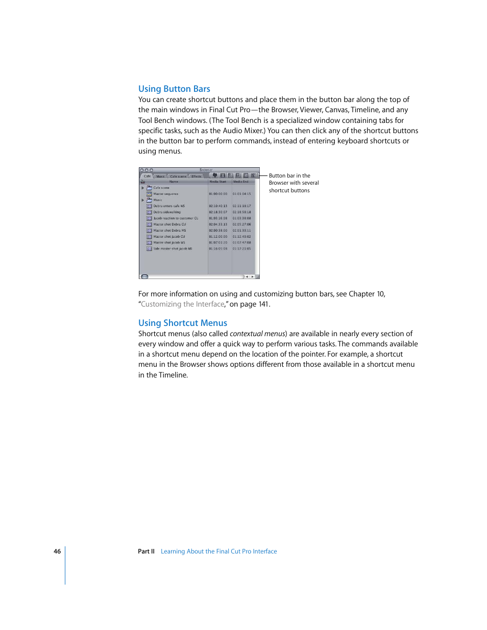 Using button bars, Using shortcut menus | Apple Final Cut Pro 6 User Manual | Page 47 / 2033