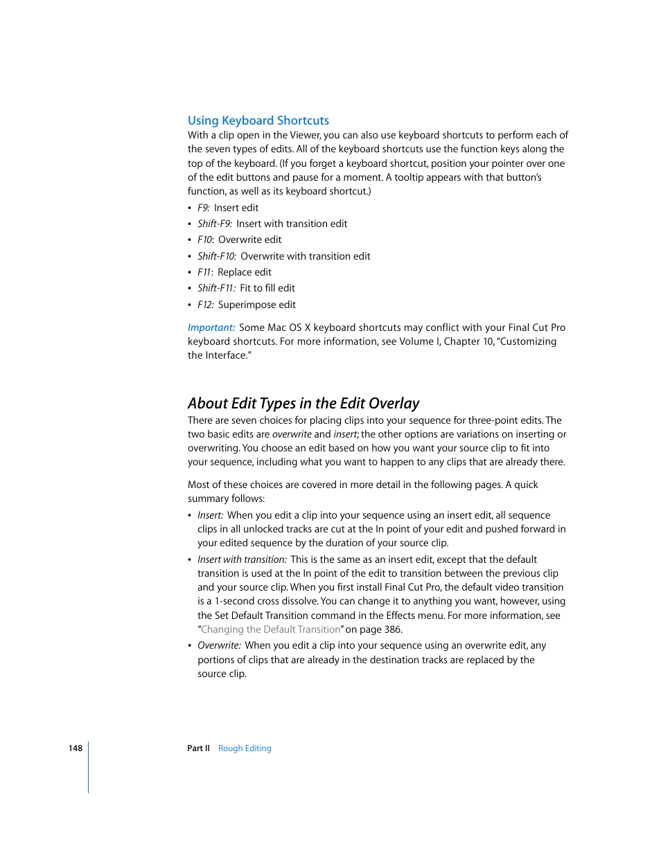 Using keyboard shortcuts, About edit types in the edit overlay, P. 148) | About edit, Types in the edit overlay | Apple Final Cut Pro 6 User Manual | Page 481 / 2033