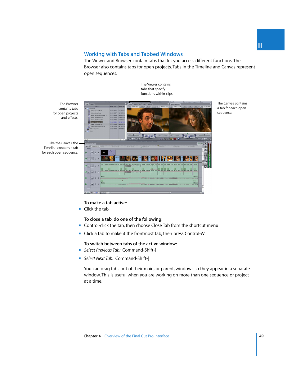 Working with tabs and tabbed windows | Apple Final Cut Pro 6 User Manual | Page 50 / 2033
