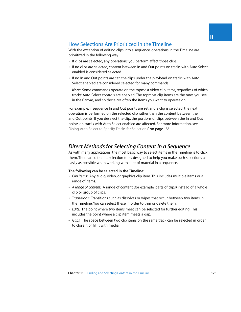 How selections are prioritized in the timeline, Direct methods for selecting content in a sequence, Direct methods for | Selecting content in a sequence, P. 173) | Apple Final Cut Pro 6 User Manual | Page 506 / 2033