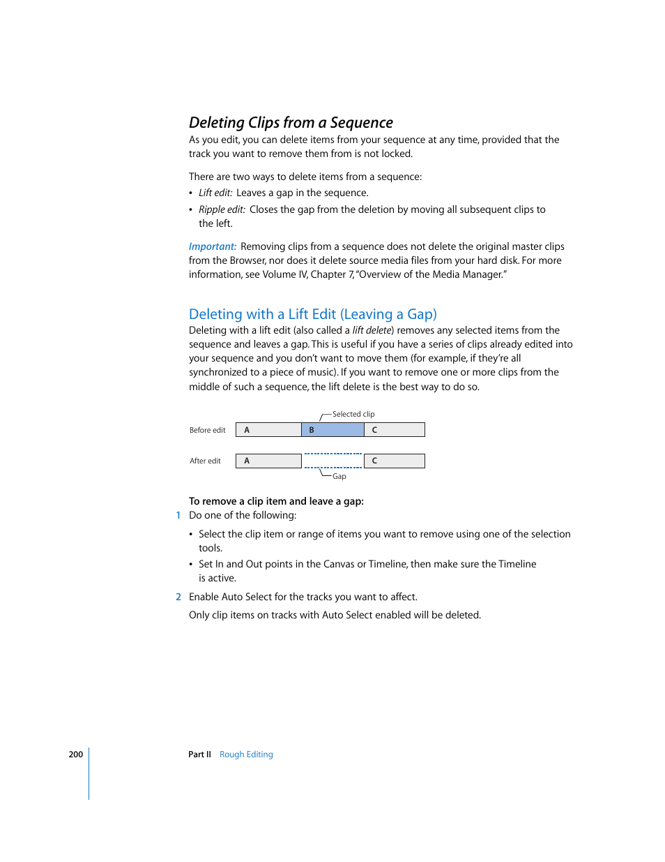 Deleting clips from a sequence, Deleting with a lift edit (leaving a gap), P. 200) | Apple Final Cut Pro 6 User Manual | Page 533 / 2033