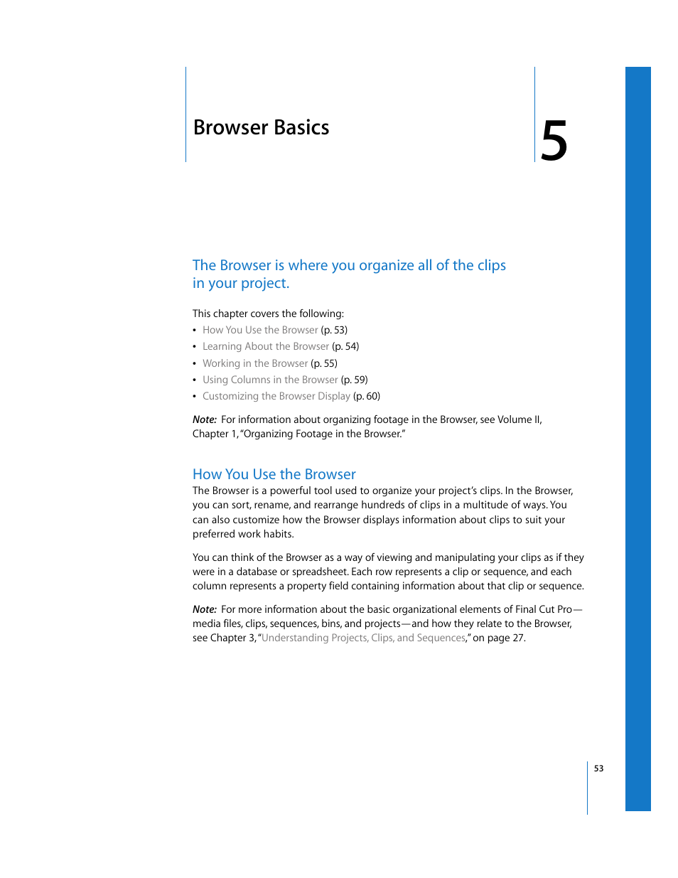 Browser basics, How you use the browser, Chapter 5 | See chapter 5 | Apple Final Cut Pro 6 User Manual | Page 54 / 2033