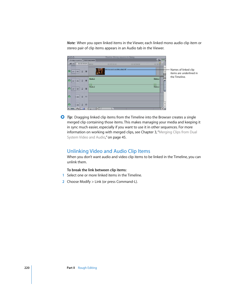 Unlinking video and audio clip items | Apple Final Cut Pro 6 User Manual | Page 553 / 2033