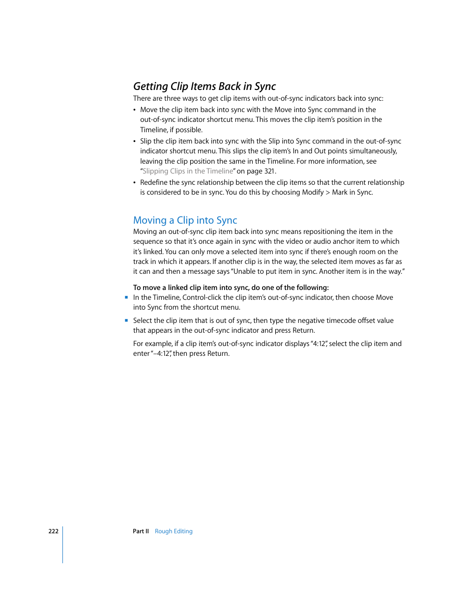 Getting clip items back in sync, Moving a clip into sync, P. 222) | Apple Final Cut Pro 6 User Manual | Page 555 / 2033