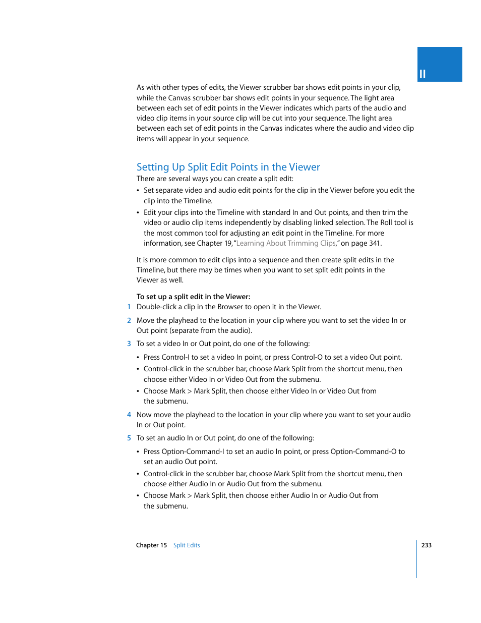 Setting up split edit points in the viewer, P. 233) | Apple Final Cut Pro 6 User Manual | Page 566 / 2033