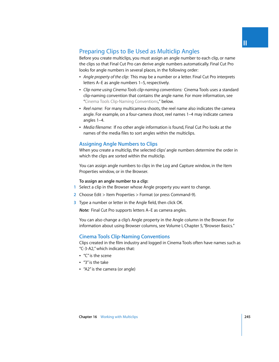 Preparing clips to be used as multiclip angles, Assigning angle numbers to clips, Cinematools clip-naming conventions | Apple Final Cut Pro 6 User Manual | Page 578 / 2033