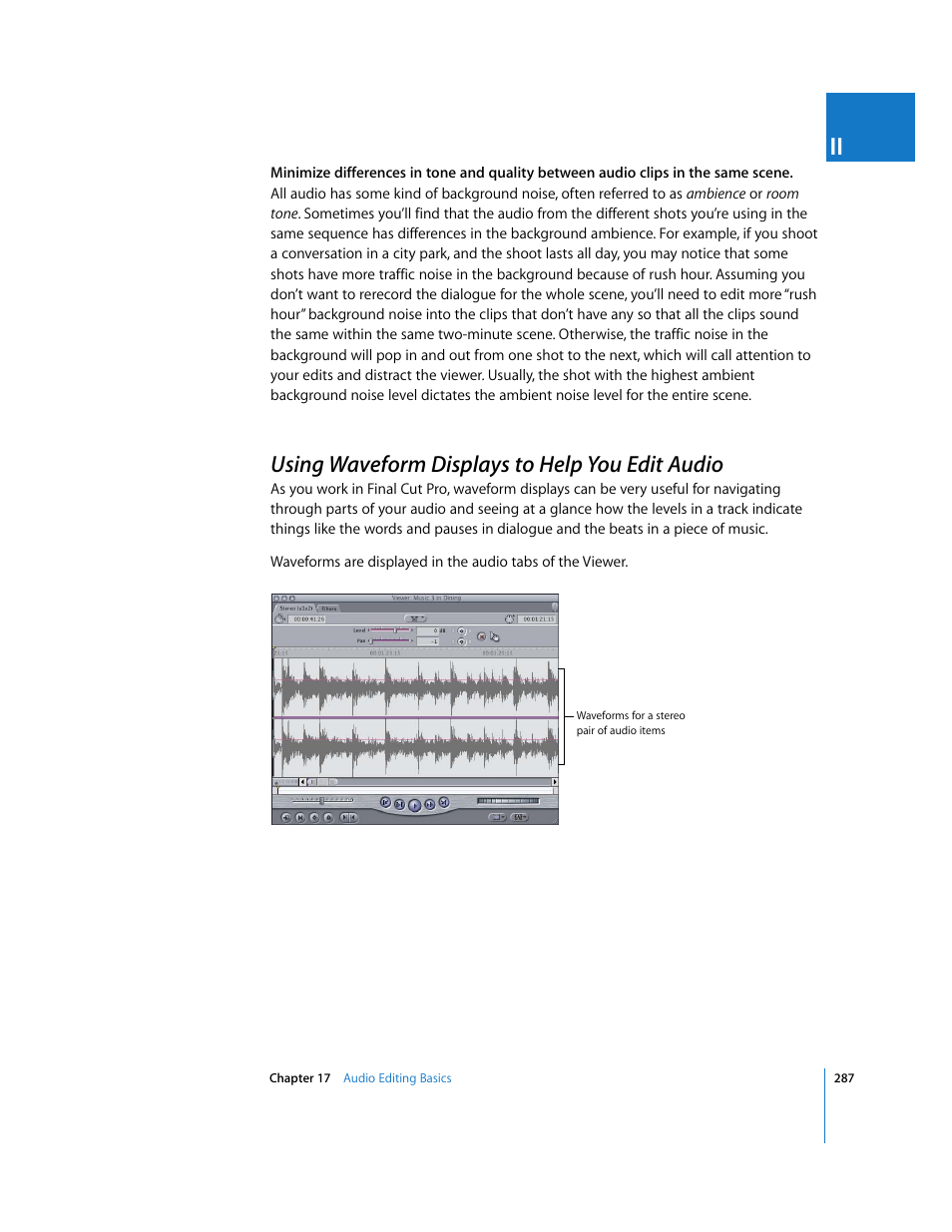 Using waveform displays to help you edit audio, P. 287) | Apple Final Cut Pro 6 User Manual | Page 620 / 2033