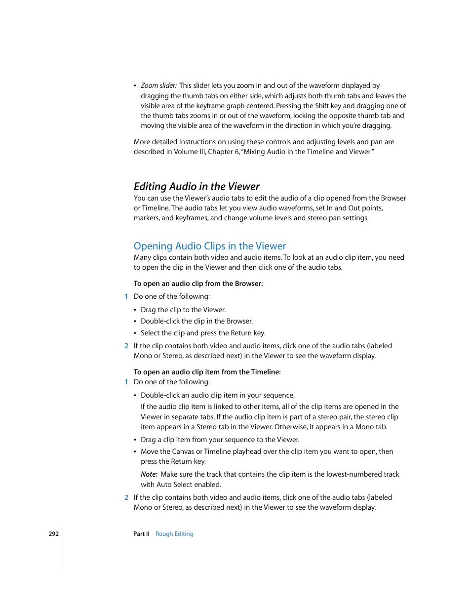 Editing audio in the viewer, Opening audio clips in the viewer, P. 292) | Apple Final Cut Pro 6 User Manual | Page 625 / 2033