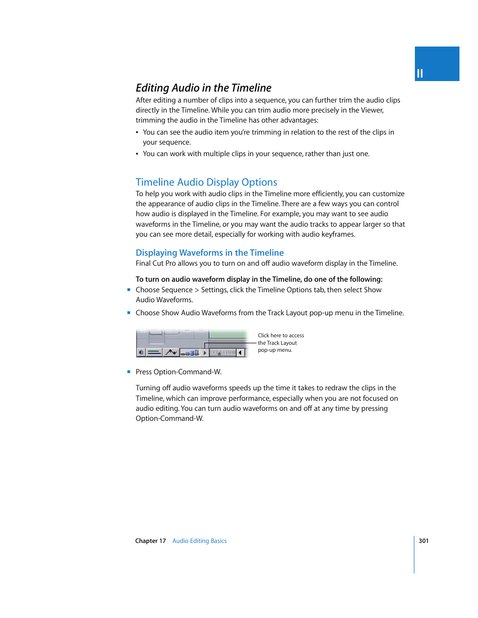 Editing audio in the timeline, Timeline audio display options, Displaying waveforms in the timeline | P. 301) | Apple Final Cut Pro 6 User Manual | Page 634 / 2033