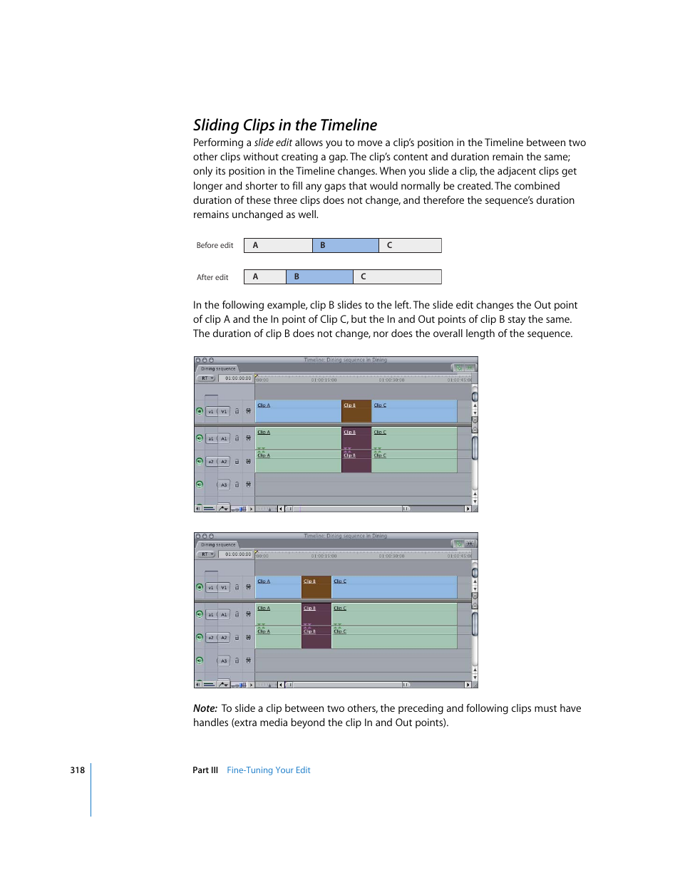 Sliding clips in the timeline, P. 318) | Apple Final Cut Pro 6 User Manual | Page 651 / 2033