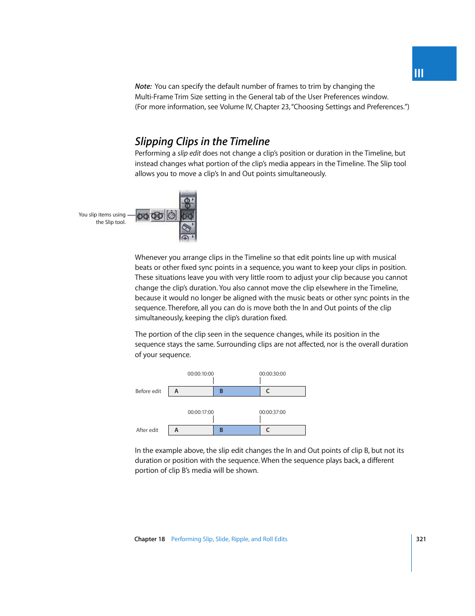 Slipping clips in the timeline, P. 321) | Apple Final Cut Pro 6 User Manual | Page 654 / 2033