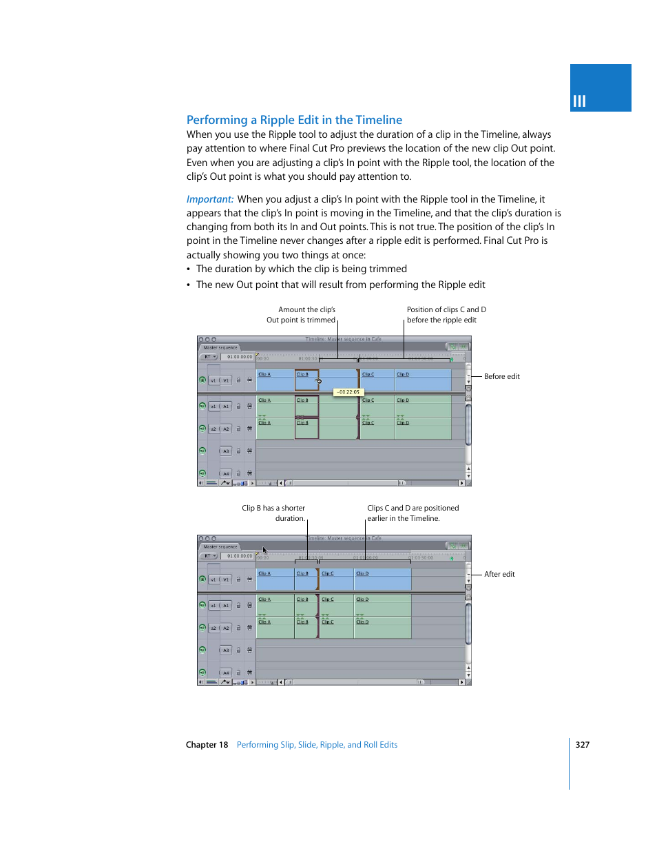 Performing a ripple edit in the timeline | Apple Final Cut Pro 6 User Manual | Page 660 / 2033