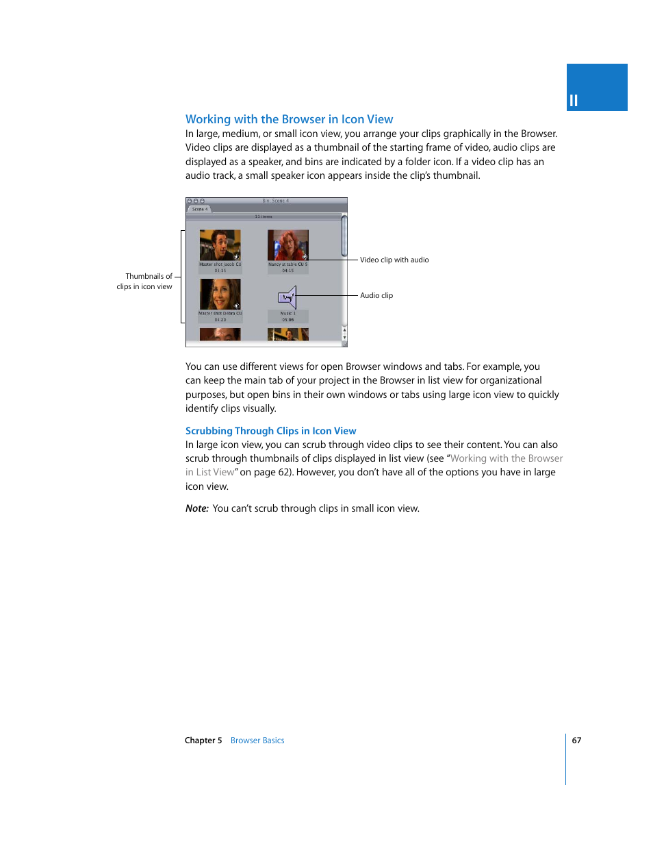 Working with the browser in icon view, Scrubbing through clips in icon view | Apple Final Cut Pro 6 User Manual | Page 68 / 2033