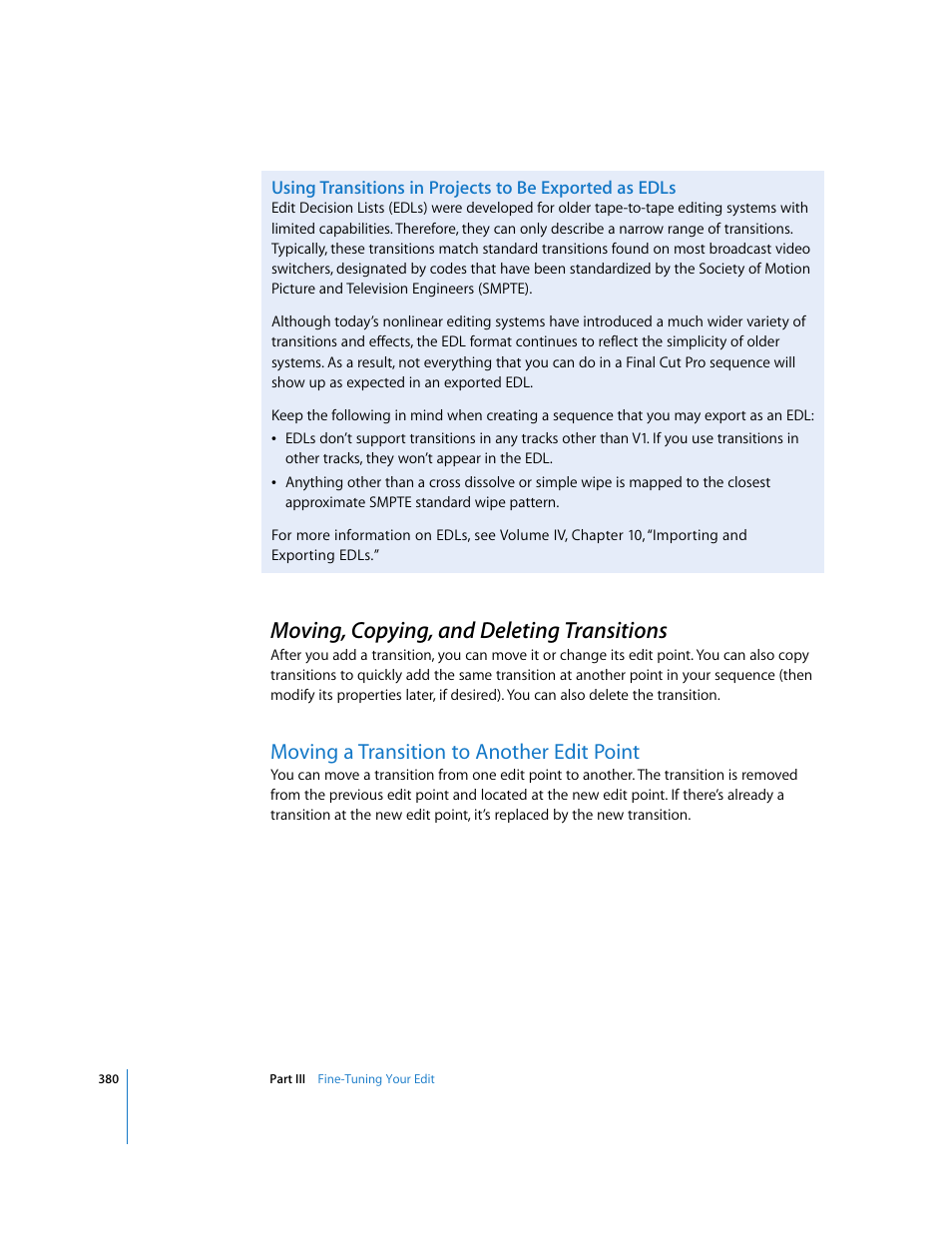 Moving, copying, and deleting transitions, Moving a transition to another edit point, P. 380) | Apple Final Cut Pro 6 User Manual | Page 713 / 2033