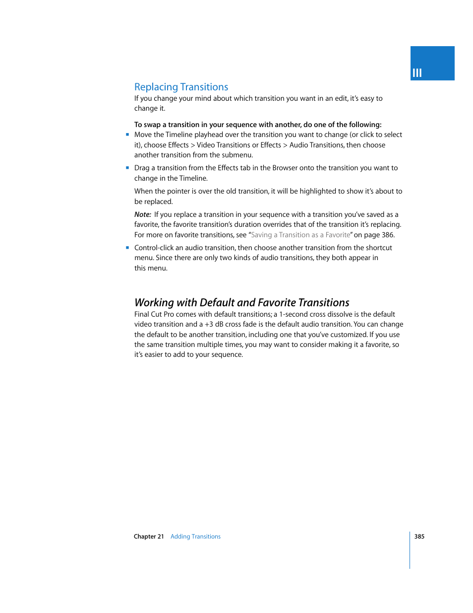 Replacing transitions, Working with default and favorite transitions, P. 385) | Apple Final Cut Pro 6 User Manual | Page 718 / 2033