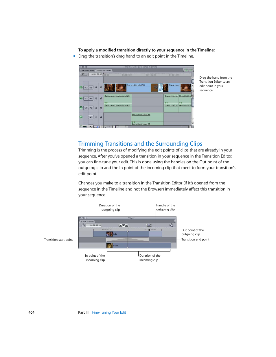 Trimming transitions and the surrounding clips, P. 404) | Apple Final Cut Pro 6 User Manual | Page 737 / 2033