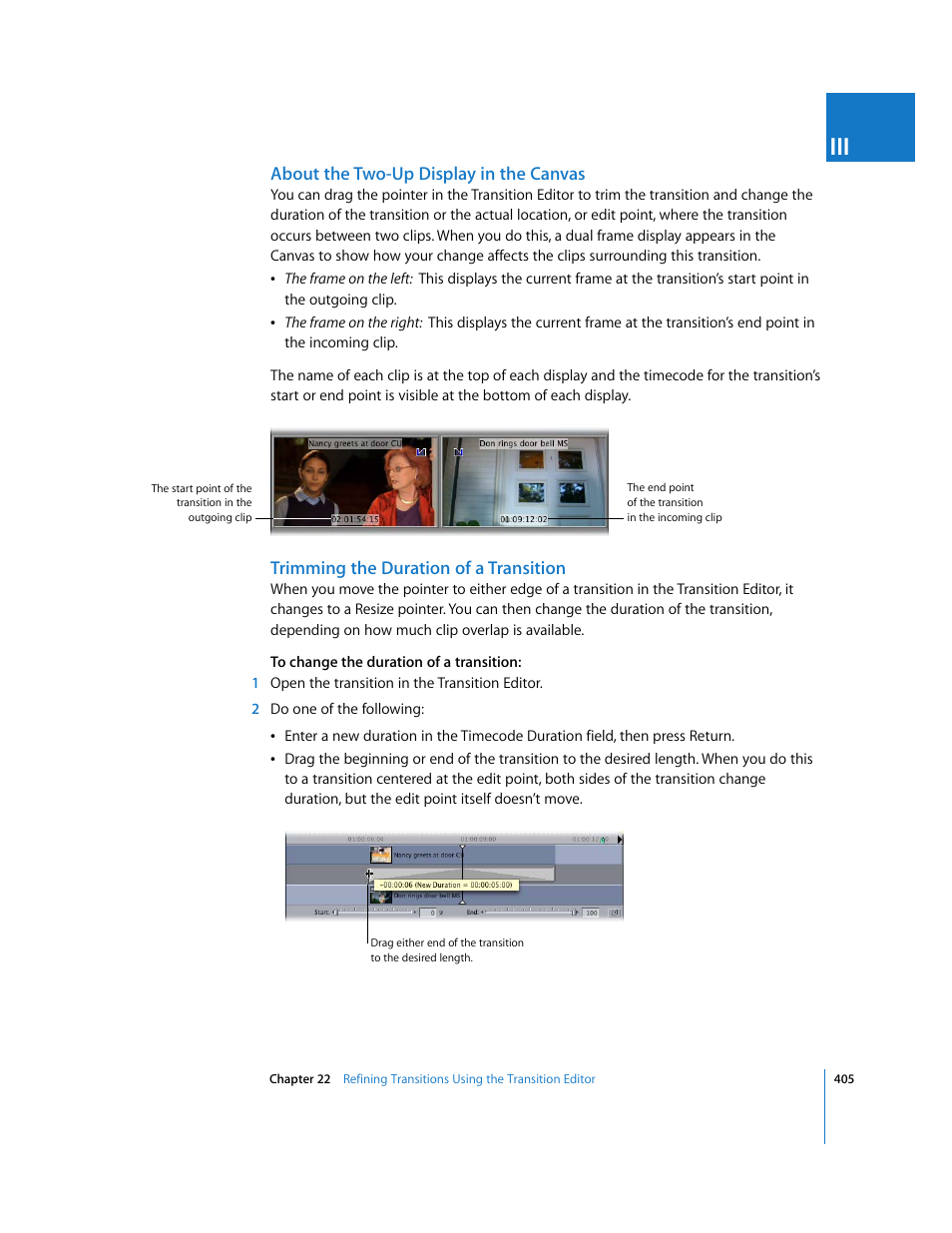 About the two-up display in the canvas, Trimming the duration of a transition, Em on the right (see also | Oming clip on the right (see also, About the, Two-up display in the canvas | Apple Final Cut Pro 6 User Manual | Page 738 / 2033