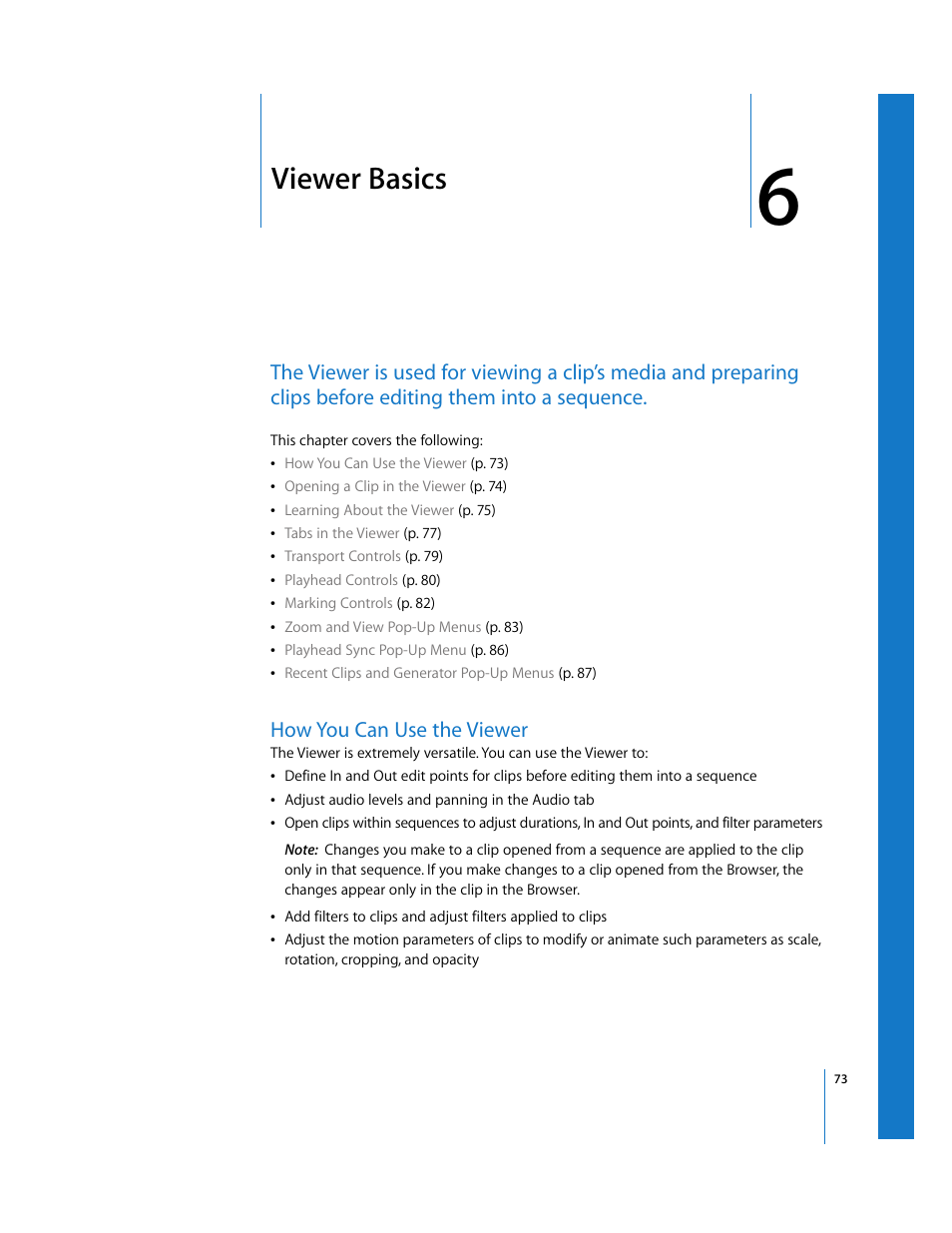 Viewer basics, How you can use the viewer, Chapter 6 | Apple Final Cut Pro 6 User Manual | Page 74 / 2033