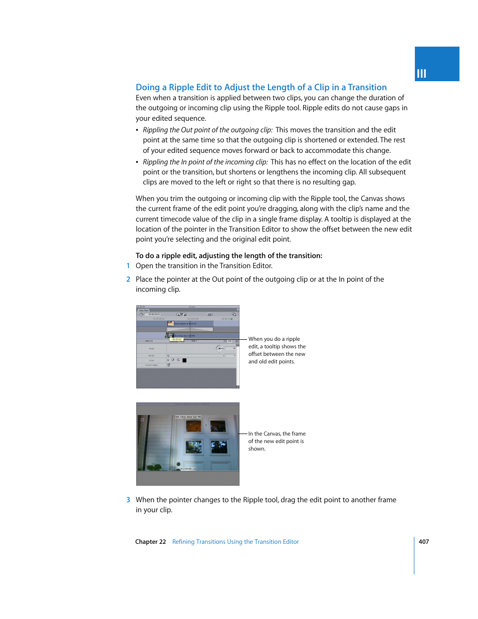 Doing a ripple edit to adjust the length of a clip, In a transition | Apple Final Cut Pro 6 User Manual | Page 740 / 2033