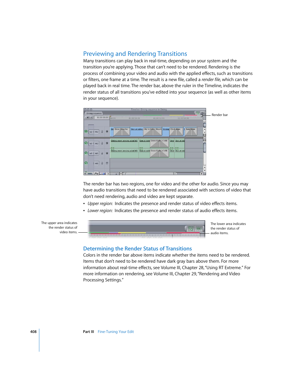 Previewing and rendering transitions, Determining the render status of transitions, P. 408) | Apple Final Cut Pro 6 User Manual | Page 741 / 2033