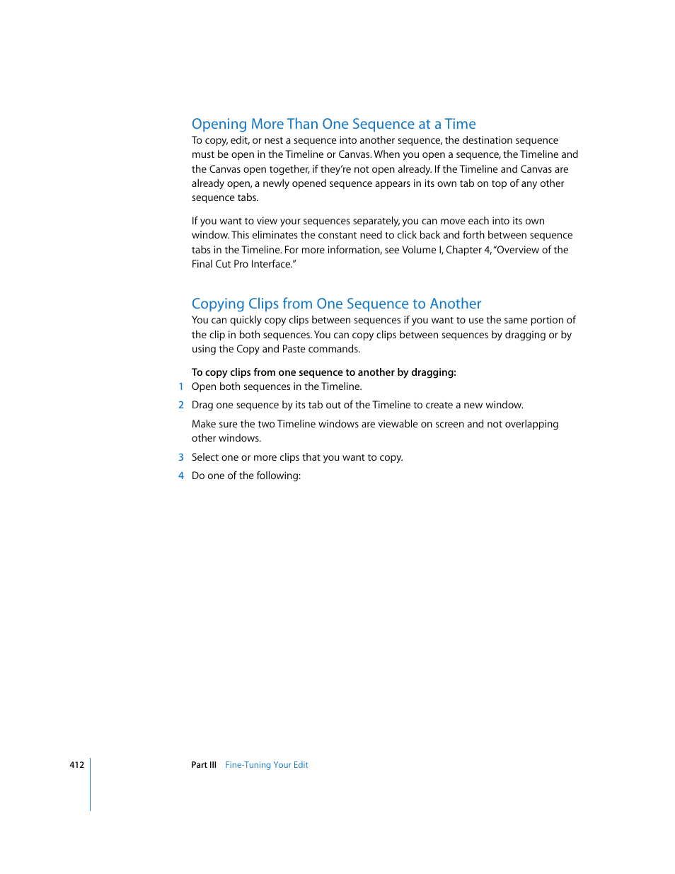 Opening more than one sequence at a time, Copying clips from one sequence to another, P. 412) | Apple Final Cut Pro 6 User Manual | Page 745 / 2033