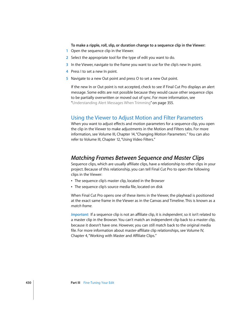 Matching frames between sequence and master clips, Matching, Frames between sequence and master clips | P. 430) | Apple Final Cut Pro 6 User Manual | Page 763 / 2033