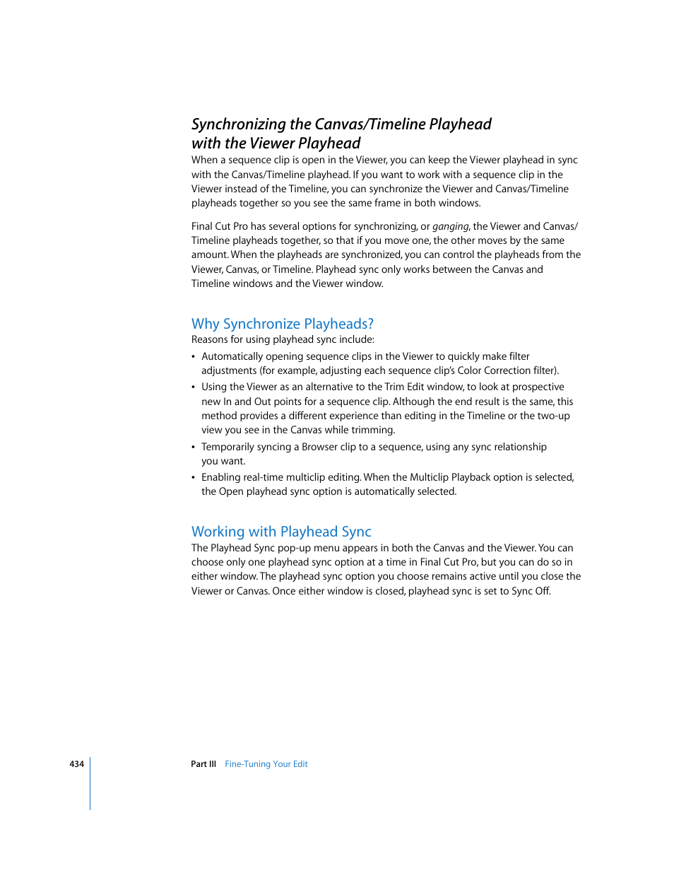 Why synchronize playheads, Working with playhead sync, P. 434) | Apple Final Cut Pro 6 User Manual | Page 767 / 2033