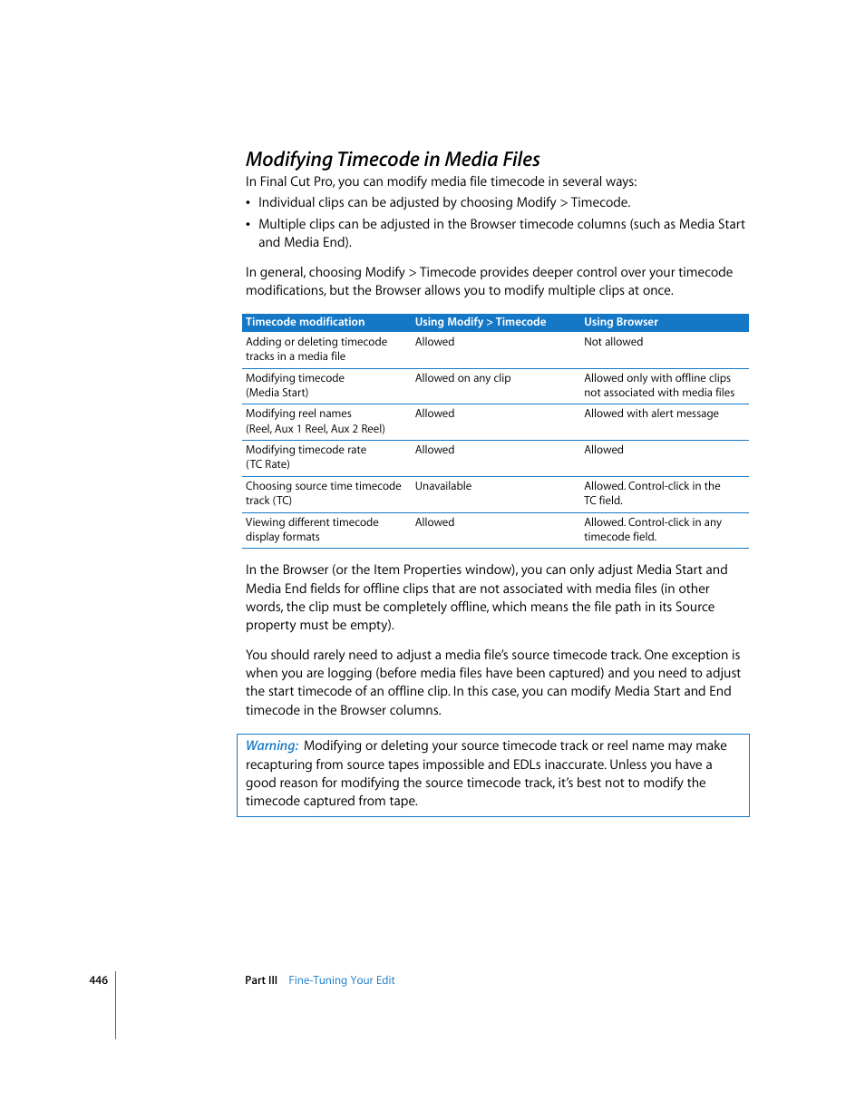 Modifying timecode in media files, Modifying timecode in, Media files | P. 446) | Apple Final Cut Pro 6 User Manual | Page 779 / 2033