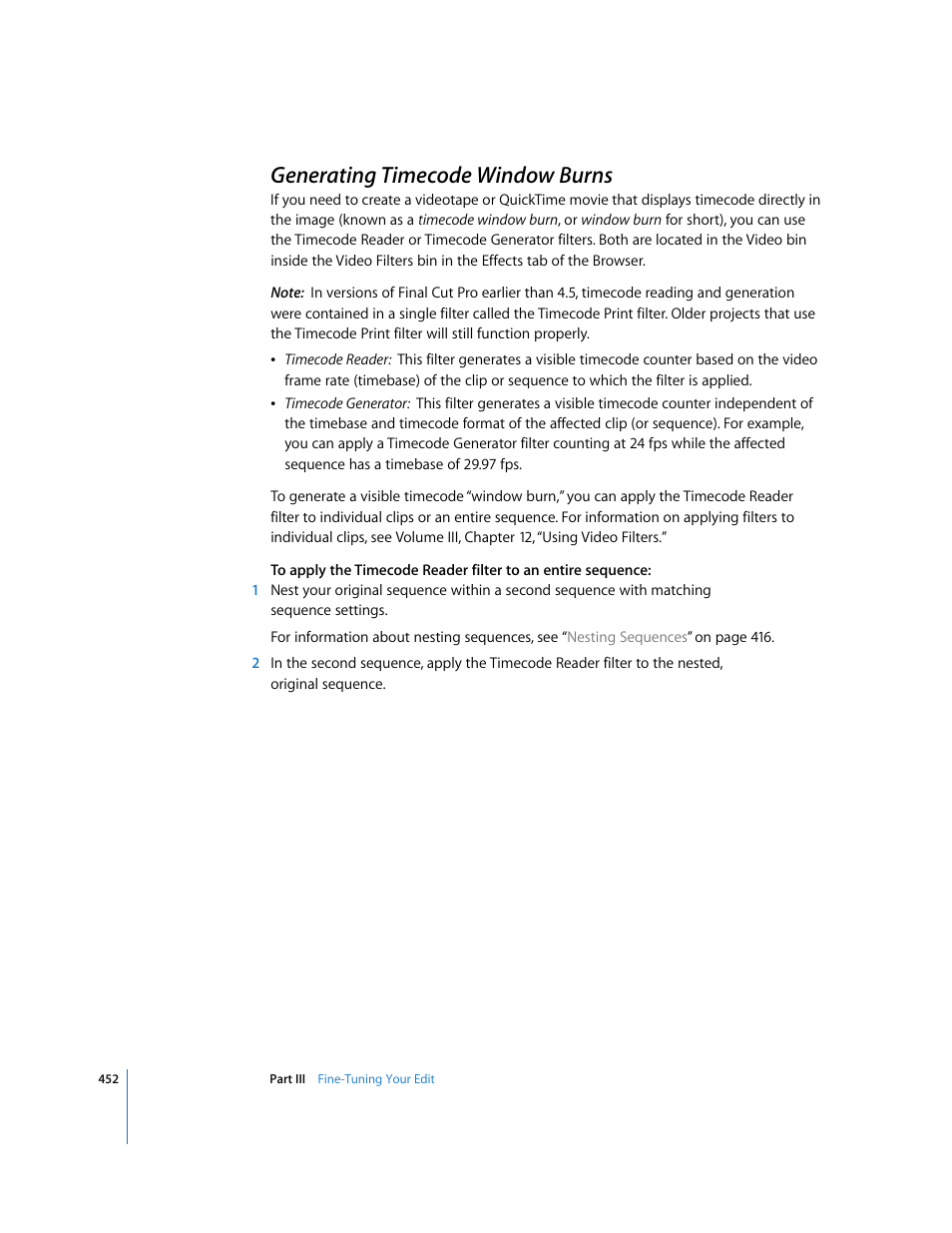 Generating timecode window burns, P. 452) | Apple Final Cut Pro 6 User Manual | Page 785 / 2033